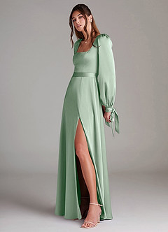 Azazie Leonia Bridesmaid Dresses Agave A-Line Long Sleeve Stretch Satin Dress image5