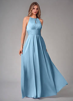 Azazie Bonnie Bridesmaid Dresses Steel Blue A-Line Pleated Stretch Satin Dress image1