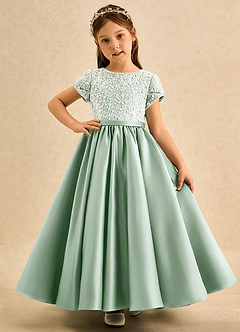Azazie Cashew Flower Girl Dresses Agave Ball-Gown with Sleeves Matte Satin Dress image2