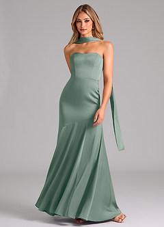 Azazie Shiloh Abiti da Damigella Abito Convertibile Sirena in Raso Elasticizzato Senza Cinturino Salvia Argentata image4