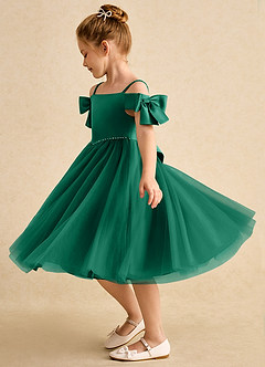 Azazie Amie Flower Girl Dresses Emerald A-Line Off the Shoulder Matte Satin Dress image4