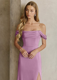 Azazie Saige Bridesmaid Dresses Wisteria Sheath Off the Shoulder Stretch Satin Dress image2