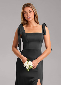 Azazie Frostine Bridesmaid Dresses Black A-Line Bow Stretch Satin Dress image4