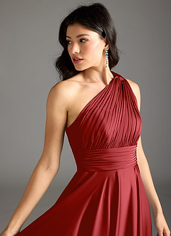 Azazie Charlize Bridesmaid Dresses Pomegranate A-Line One Shoulder Stretch Satin Dress image7