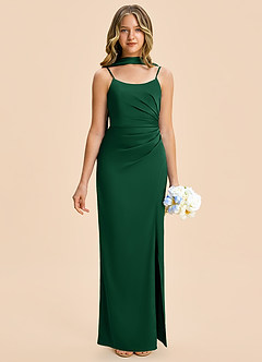 Azazie Calandra Junior Vestido Verde Oscuro de Satén Elástico de Corte Recto con Plisado image1