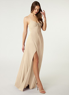 Azazie Minie Bridesmaid Dresses Champagne A-Line Bow Chiffon Dress image1