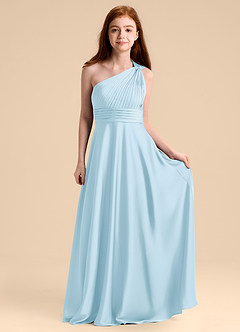 Azazie Charlize Junior Vestido de Azul Cielo de Satén Elástico de Corte en A con Plisado image4