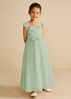 Azazie Arlo Blumenmädchenkleider A-Linie Schleifen Chiffon Kleid Staubiger Salbeigrün image4