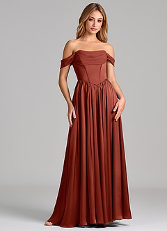 Azazie Raisa Robes de demoiselle d'honneur Robe Trapèze en Satin extensible Épaule décolletée Terracotta image4