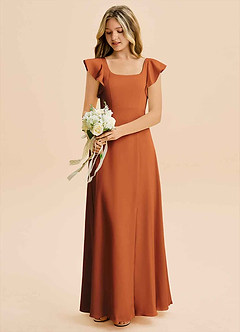 Azazie Bondi Junior Vestido Canela de Cetim elástico de Linha A com Fenda Lateral image5