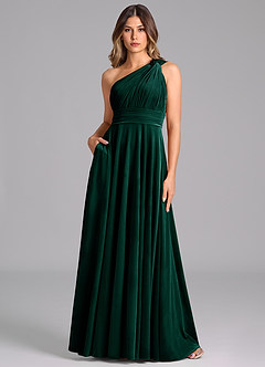 Azazie Charlize Bridesmaid Dresses Emerald A-Line One Shoulder Velvet Dress image1