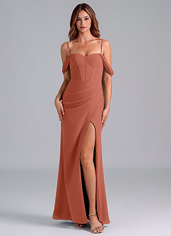 Azazie Asha Bridesmaid Dresses Clay Sheath Off the Shoulder Chiffon Convertible Dress image7