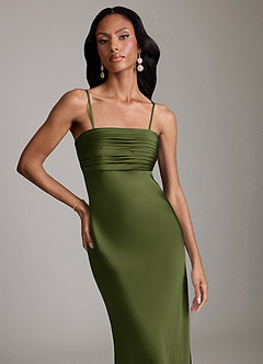 Azazie Saylor Vestidos de damas de honor Vestido de Oliva de Satén Elástico de Corte Sirena con Sin tirantes image3