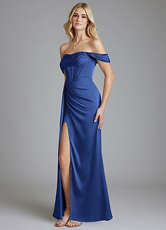 Azazie Amyra Bridesmaid Dresses Royal Blue Mermaid Off the Shoulder Stretch Satin Convertible Dress image6