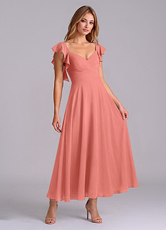 Azazie Leilani Bridesmaid Dresses Salmon Pink A-Line Ruched Chiffon Dress image3