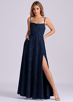 Azazie Elle Jurken voor bruidsmeisjes Jurk van Bloemen Burn-out met A-Lijn Geplooid Donkere Marine image3