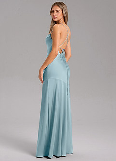 Azazie Grata Robes de demoiselle d'honneur Robe Fourreau en Satin extensible Fente Latérale Bleu Maussade image7