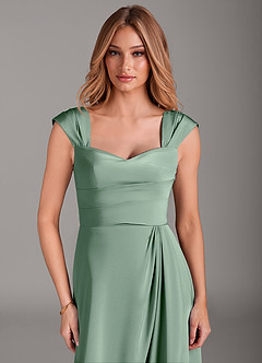 Azazie Laila At-home Try On Dresses Dusty Blue A-Line Pleated Stretch Satin Dress image5