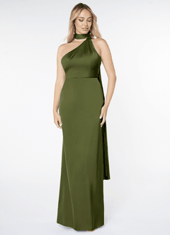 Azazie Kaylani Bridesmaid Dresses Olive Mermaid High Neck Stretch Satin Dress image1