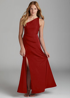 Azazie Maron Junior Pomegranate A-Line Pleated Stretch Satin Dress image1