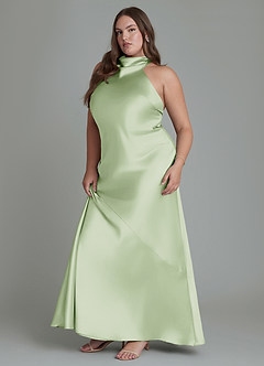 Azazie Velli Bridesmaid Dresses Dusty Sage Sheath High Neck Metallic Satin Dress image6