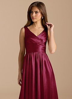 Azazie Keyla Bridesmaid Dresses Burgundy A-Line Pleated Metallic Satin Dress image8