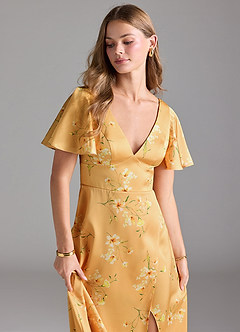 Azazie Lani Brautjungfernkleider A-Linie Volantärmel Stretch-Satin Kleid Goldene Blüten image5