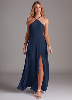 Azazie Bailey Bridesmaid Dresses Dark Navy A-Line Halter Side Slit Chiffon Dress image4