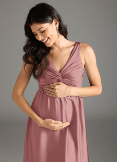 Azazie Yetta Maternity Bridesmaid Dresses A-Line Pleated Stretch Satin Floor-Length Dress image2