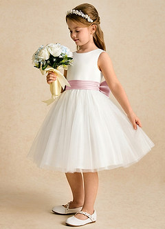 Azazie Sosie Robe Demoiselle D'honneur Fillette Robe Trapèze en Tulle Plissé Ivoire Rose Poudré image3