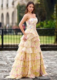 Papapym Yellow Printed Flowers Prom Dress image6