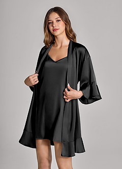 front Matching Color Personalized Embroidered Name 2-Piece Ruffle Satin Robe and Slip Set