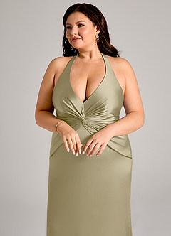 Azazie Valerie Jurken voor bruidsmeisjes Jurk van Stretch Satijn met Zeemeermin Geplooid Mosgroen image13