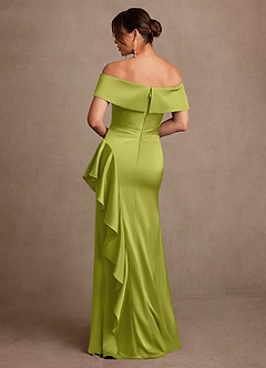 Azazie Kirsty Mother of the Bride Dresses Lemongrass Sheath Off the Shoulder Stretch Satin Dress image2