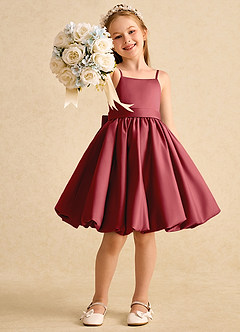 Azazie Davine Flower Girl Dresses Pomegranate A-Line Spaghetti Strap Matte Satin Dress image7