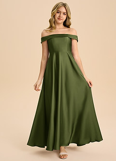 Azazie Sissy Junior Linia A Zza ramienia Satyna elastyczna Długość podłogi Młodsza druhna Sukienka image4