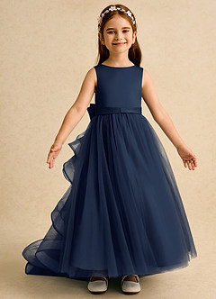Azazie Lior Flower Girl Dresses Dark Navy Ball-Gown Pleated Tulle Dress image2