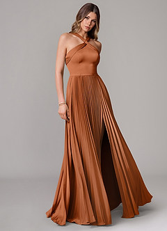 Azazie Afra Bridesmaid Dresses Copper A-Line Pleated Stretch Satin Dress image1