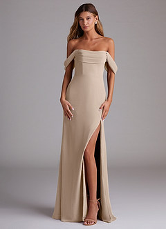 Azazie Saige Bridesmaid Dresses Taupe A-Line Off the Shoulder Chiffon Convertible Dress image1
