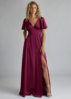 Azazie Kimber Bridesmaid Dresses Red Plum A-Line Ruched Stretch Satin Dress image1