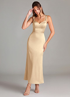 Azazie Denice 신부 들러리 드레스 쉬스 주름진 스트레치 새틴 발목 길이 드레스 image1