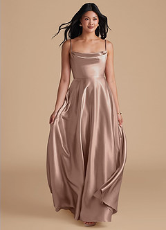 Azazie Elle Bridesmaid Dresses Taupe A-Line with Pockets Metallic Satin Dress image5