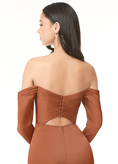 Azazie Hallie Prova klänningar hemma Klänning av Tubklänning i Stretch Satin Off-The-Soulder långärmad Påfågelblå Konvertibel image7