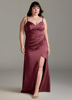 Azazie Yola Bridesmaid Dresses Merlot Sheath V-Neck Pleated Stretch Satin Convertible Dress image9
