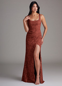 Azazie Mero Bridesmaid Dresses Terracotta Sheath Pleated Floral Burnout Dress image1