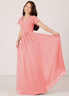 Azazie Peony Junior Robe Trapèze en Mousseline de soie Plissée Corail image4