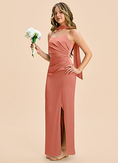 Azazie Calandra Junior Salmon Pink Sheath Pleated Stretch Satin Dress image3