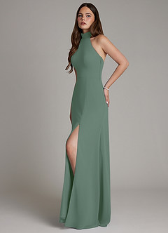 Azazie Myra Vestidos de damas de honor Vestido de Eucalipto de Gasa de Corte en A con Cuello Alto image5