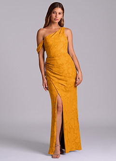 Azazie Madelyn Abiti da Damigella Abito Convertibile Sirena in Burnout Floreale Monospalla Caramello image3