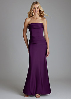 Azazie Lenya Vestidos de damas de honor Vestido de Uva de Satén Elástico de Corte Recto con Plisado image1